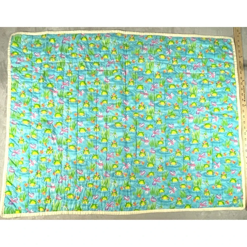 Handmade Quilt Kids 41x31 Green Pink Double Sided Frog Turtle Dragonfly Boho